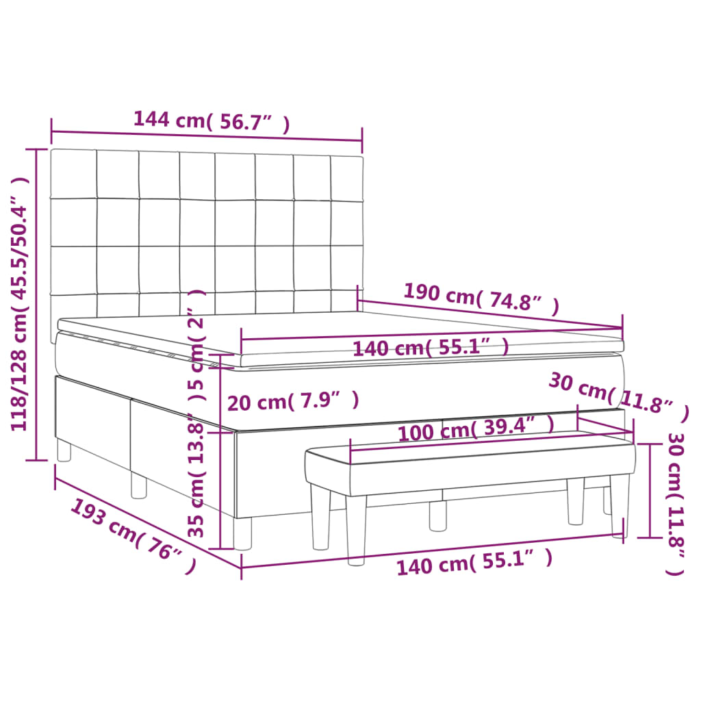 vidaXL Κρεβάτι Boxspring με Στρώμα Μπλε 140x190 εκ. Υφασμάτινο
