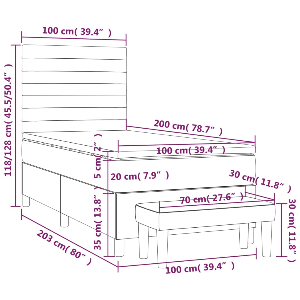 vidaXL Κρεβάτι Boxspring με Στρώμα Σκούρο Γκρι 100x200 εκ. Υφασμάτινο