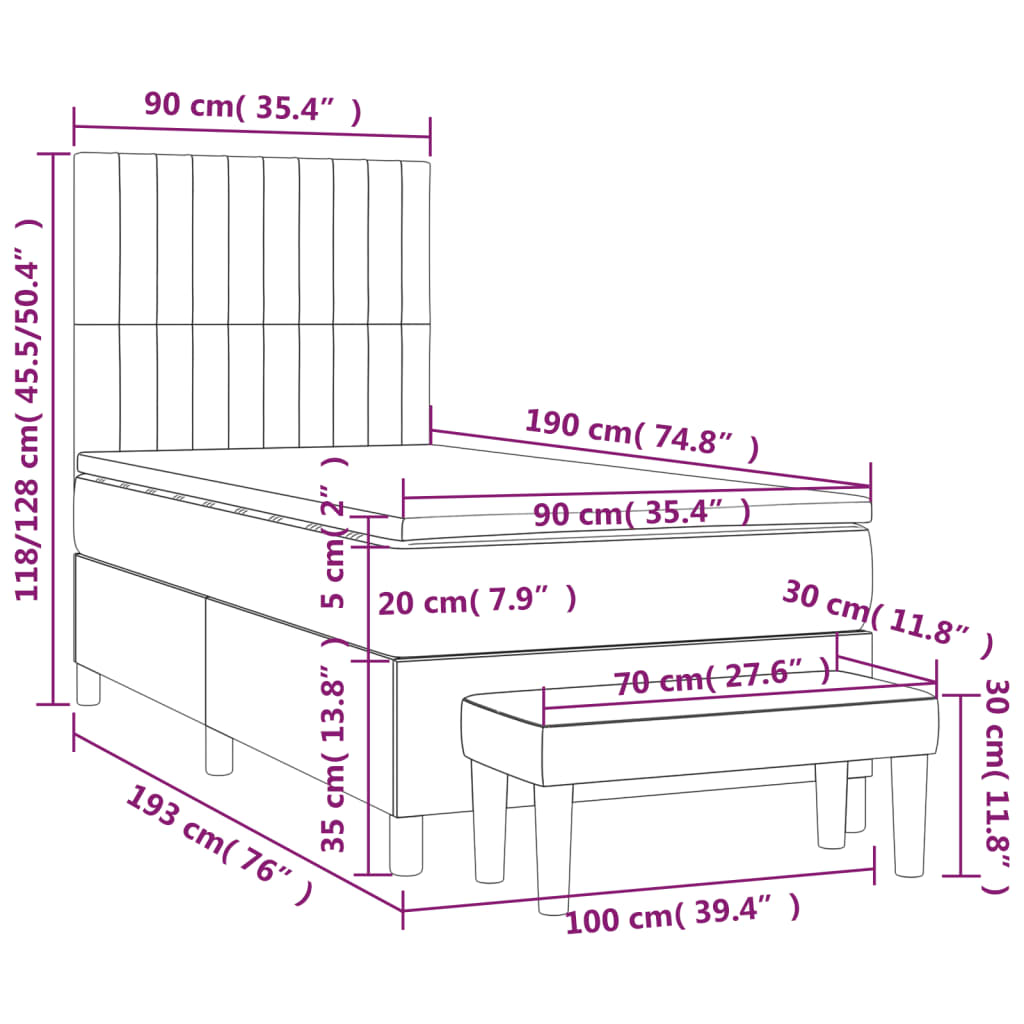 vidaXL Κρεβάτι Boxspring με Στρώμα Κρεμ 90x190 εκ.Υφασμάτινο