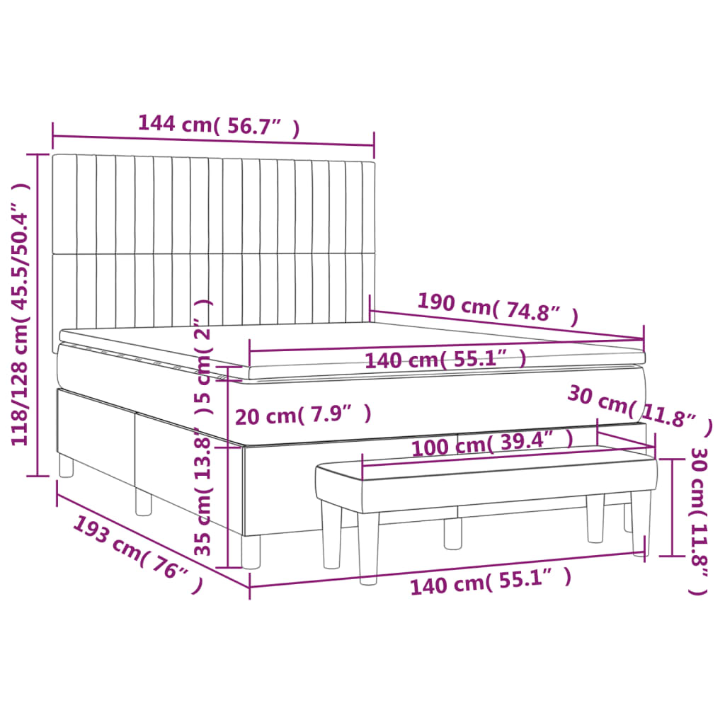 vidaXL Κρεβάτι Boxspring με Στρώμα Μαύρο 140x190 εκ. Υφασμάτινο