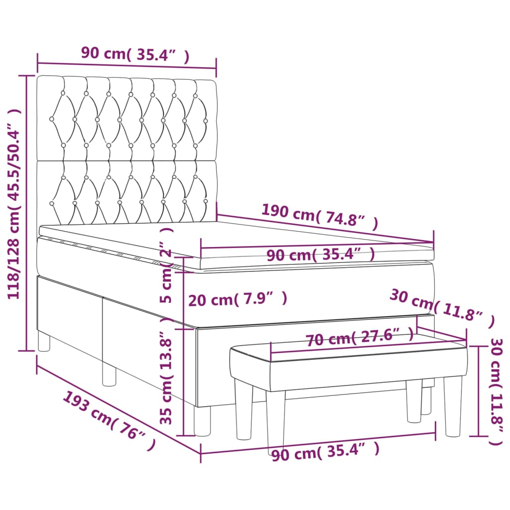 vidaXL Κρεβάτι Boxspring με Στρώμα Σκούρο Καφέ 90x190 εκ. Υφασμάτινο