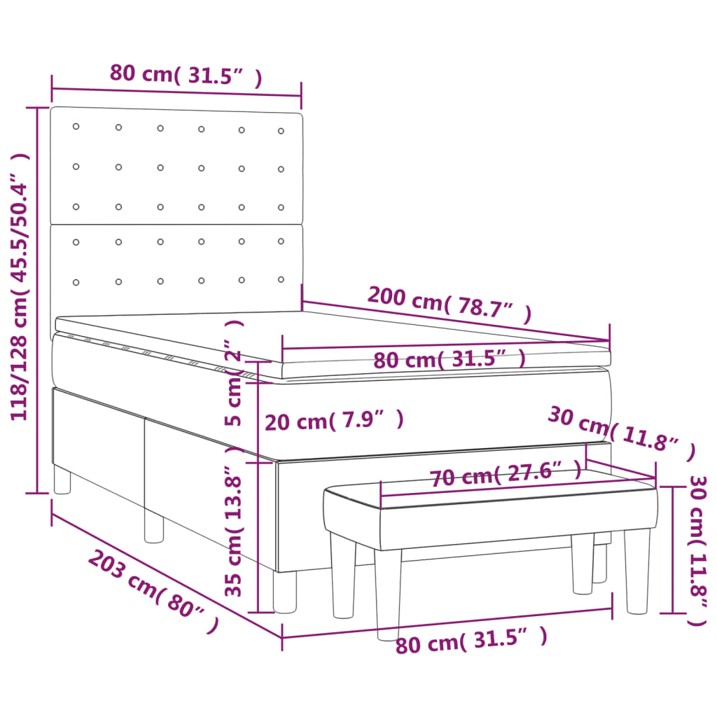 vidaXL Κρεβάτι Boxspring με Στρώμα Σκούρο Γκρι 80x200 εκ. Υφασμάτινο