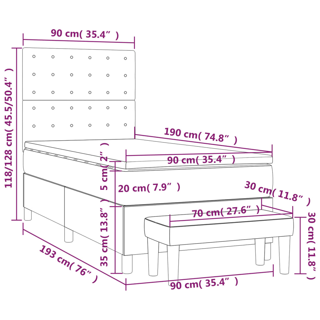 vidaXL Κρεβάτι Boxspring με Στρώμα Κρεμ 90x190 εκ.Υφασμάτινο