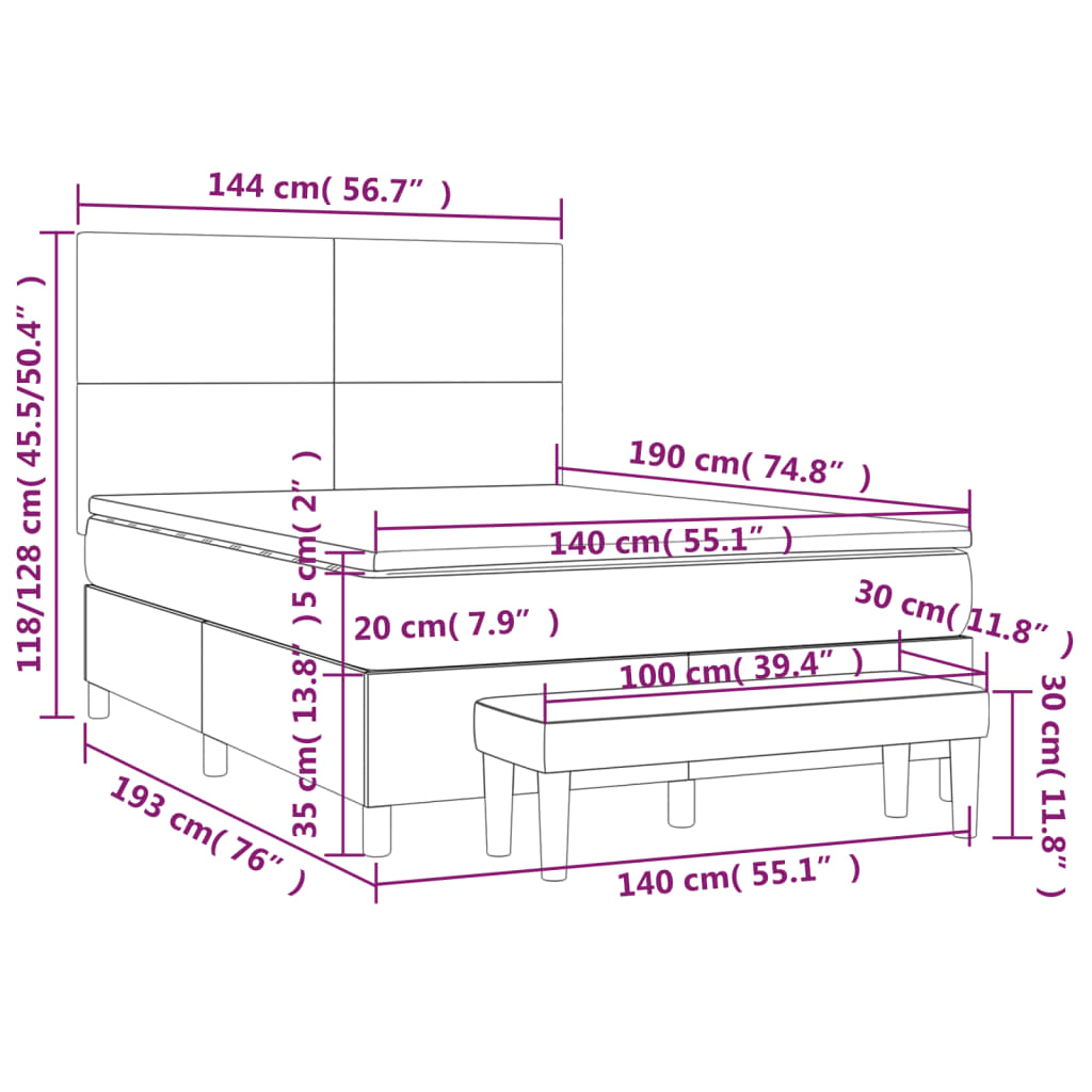 vidaXL Κρεβάτι Boxspring με Στρώμα Ανοιχτό Γκρι 140x190 εκ. Βελούδινο