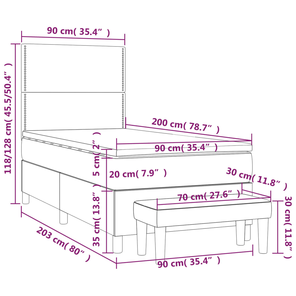 vidaXL Κρεβάτι Boxspring με Στρώμα Σκούρο Γκρι 90x200 εκ. Βελούδινο
