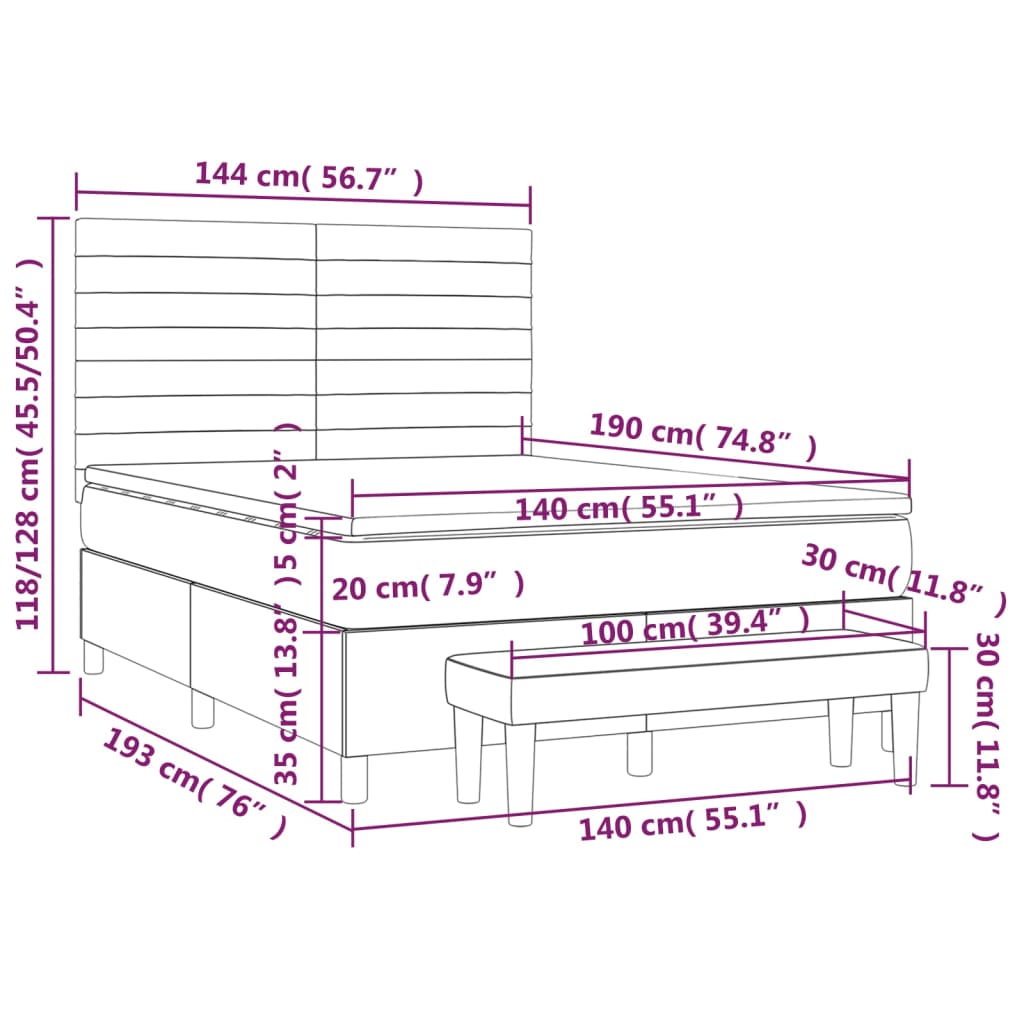 vidaXL Κρεβάτι Boxspring με Στρώμα Σκούρο Γκρι 140x190 εκ. Βελούδινο