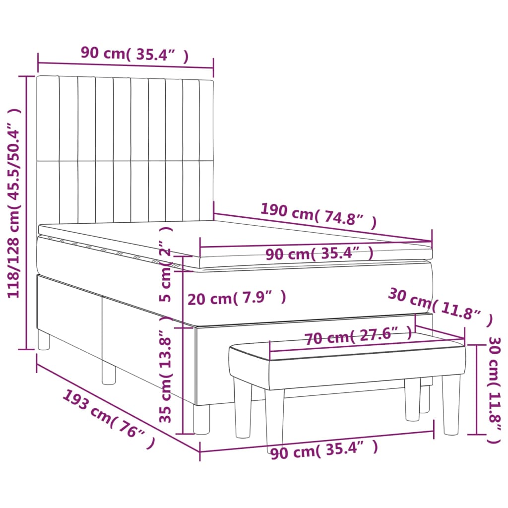 vidaXL Κρεβάτι Boxspring με Στρώμα Μαύρο 90x190 εκ. Βελούδινο