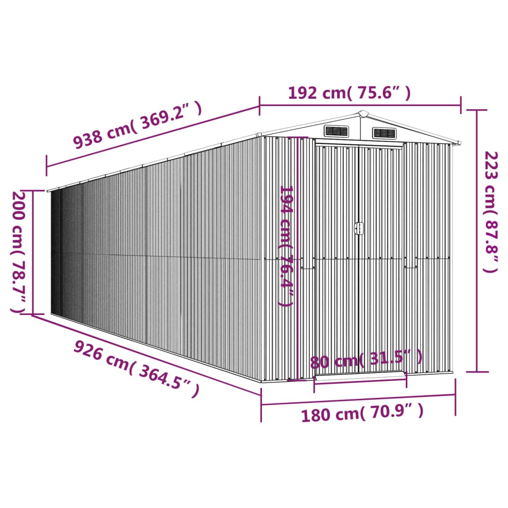 vidaXL Αποθήκη Κήπου Πράσινη 192x938x223 εκ. Γαλβανισμένο Ατσάλι