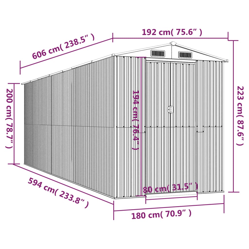 vidaXL Αποθήκη Κήπου Ανοιχτό γκρι 192x606x223 εκ. Γαλβανισμένο Ατσάλι