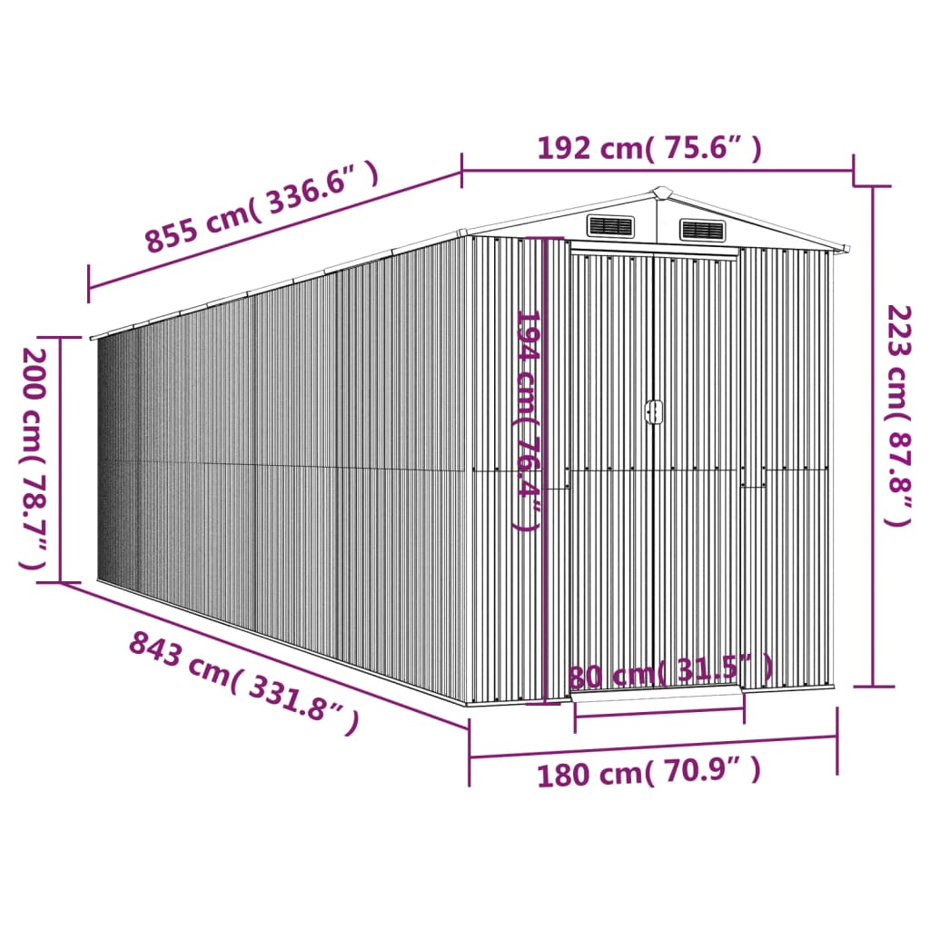 vidaXL Αποθήκη Κήπου Ανοιχτό γκρι 192x855x223 εκ. Γαλβανισμένο Ατσάλι