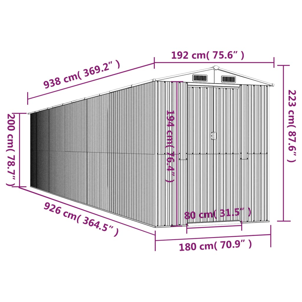 vidaXL Αποθήκη Κήπου Ανοιχτό γκρι 192x938x223 εκ. Γαλβανισμένο Ατσάλι