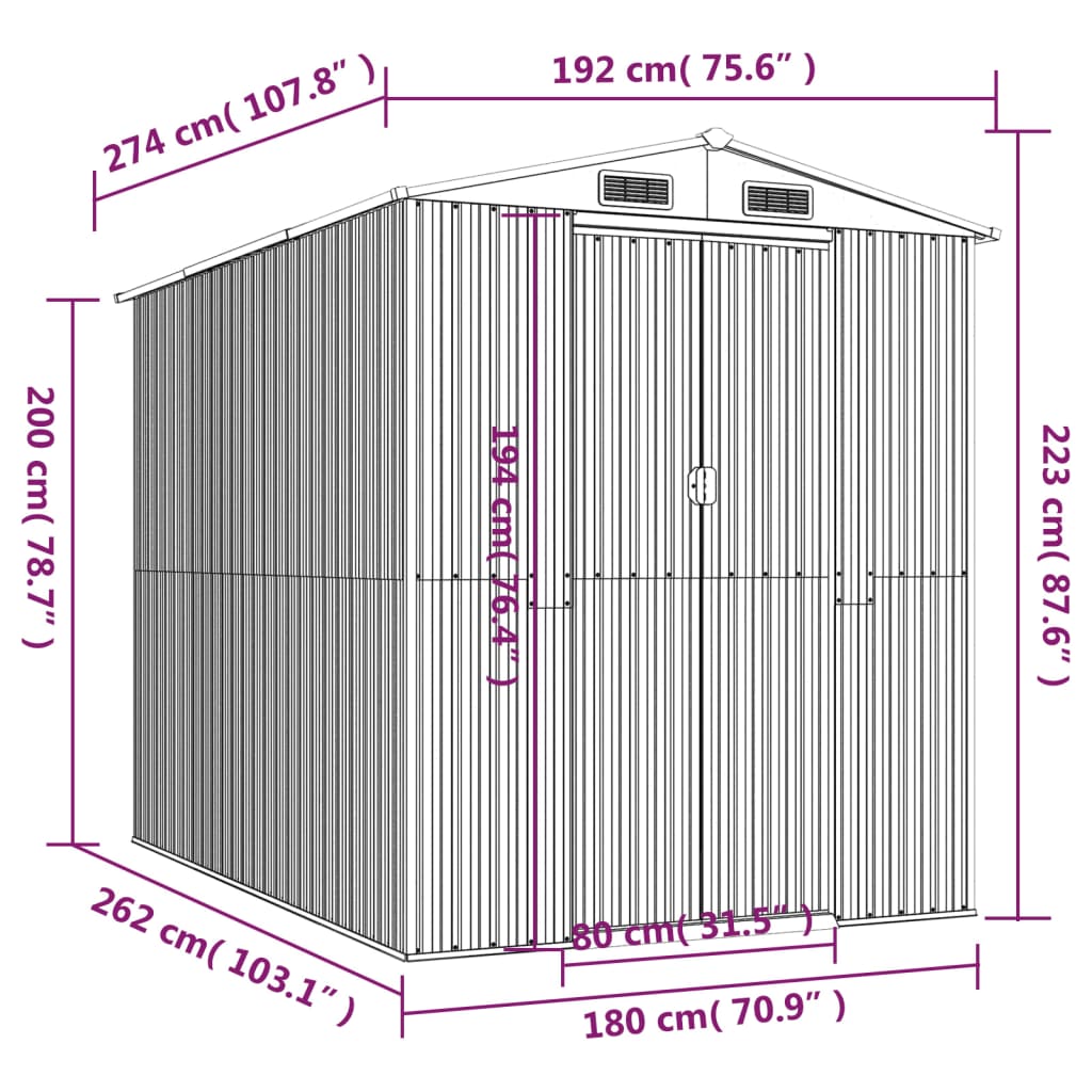 vidaXL Αποθήκη Κήπου Ανθρακί 192x274x223 εκ. Γαλβανισμένο Ατσάλι