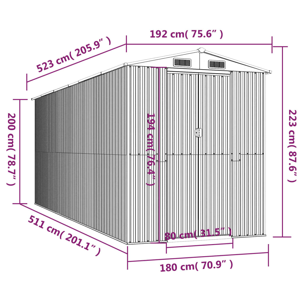 vidaXL Αποθήκη Κήπου Ανθρακί 192x523x223 εκ. Γαλβανισμένο Ατσάλι
