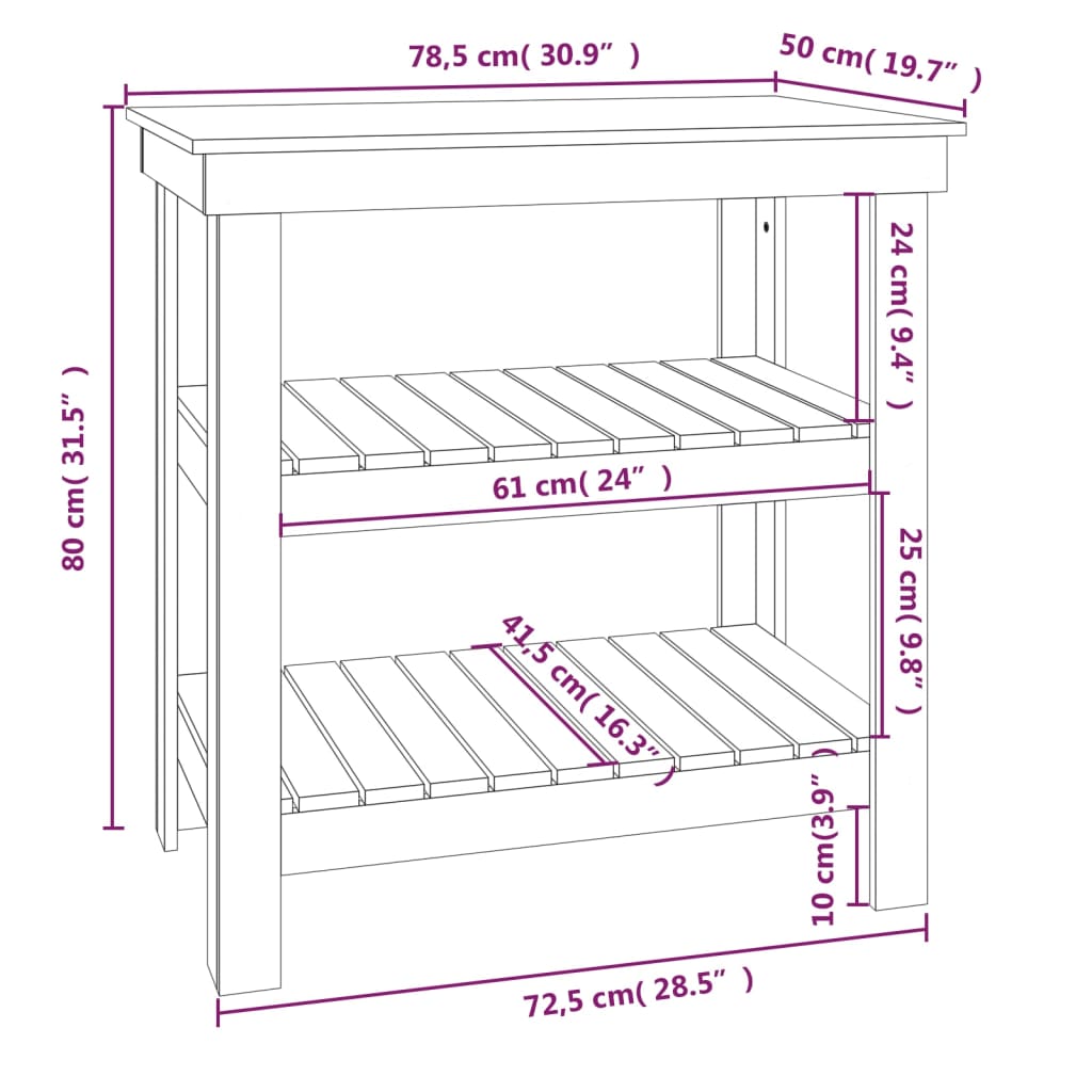 vidaXL Πάγκος Εργασίας Μαύρος 78,5x50x80 εκ. από Μασίφ Ξύλο Πεύκου