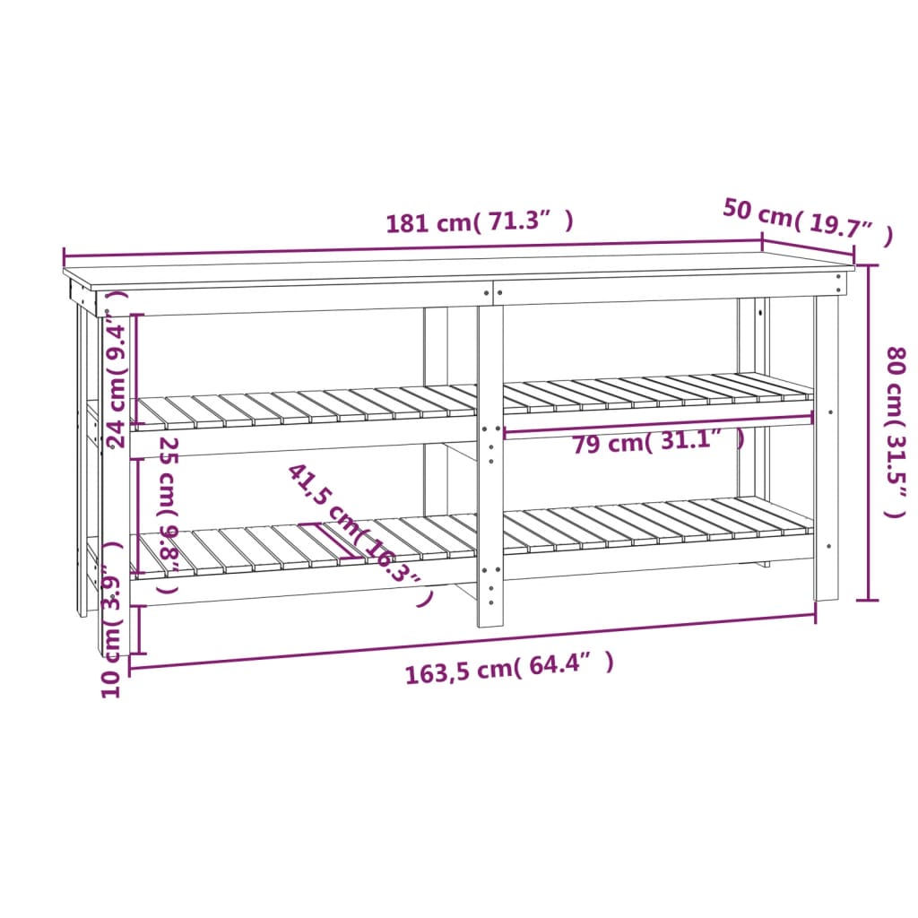 vidaXL Πάγκος Εργασίας Λευκός 181 x 50 x 80 εκ. από Μασίφ Ξύλο Πεύκου