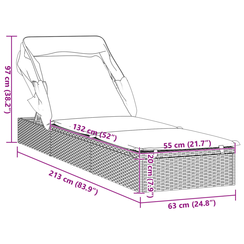 vidaXL Ξαπλώστρα Πτυσσόμενη Οροφή Μαύρη 213 x 63 x 97 εκ. Συνθ. Ρατάν
