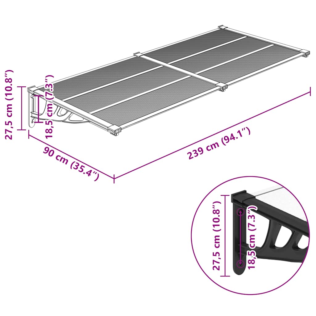 vidaXL Στέγαστρο Πόρτας Μαύρο & Διαφανές 239x90 εκ από Πολυκαρβονικό