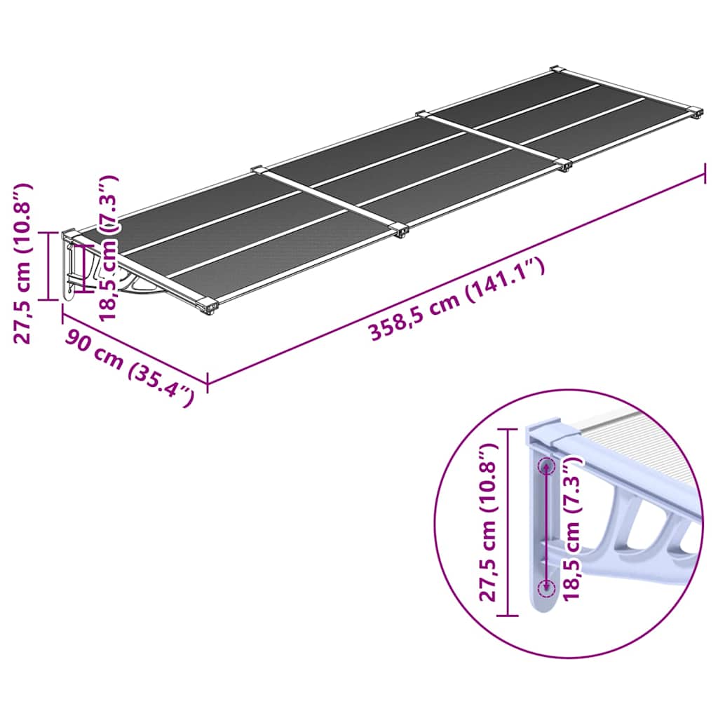 vidaXL Στέγαστρο Πόρτας Γκρι & Διαφανές 358,5x90 εκ από Πολυκαρβονικό