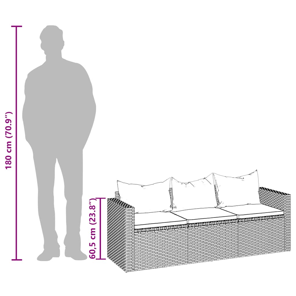 vidaXL Καναπές Κήπου Τριθέσιος Γκρι Συνθετικό Ρατάν με Οροφή/Υποπόδιο