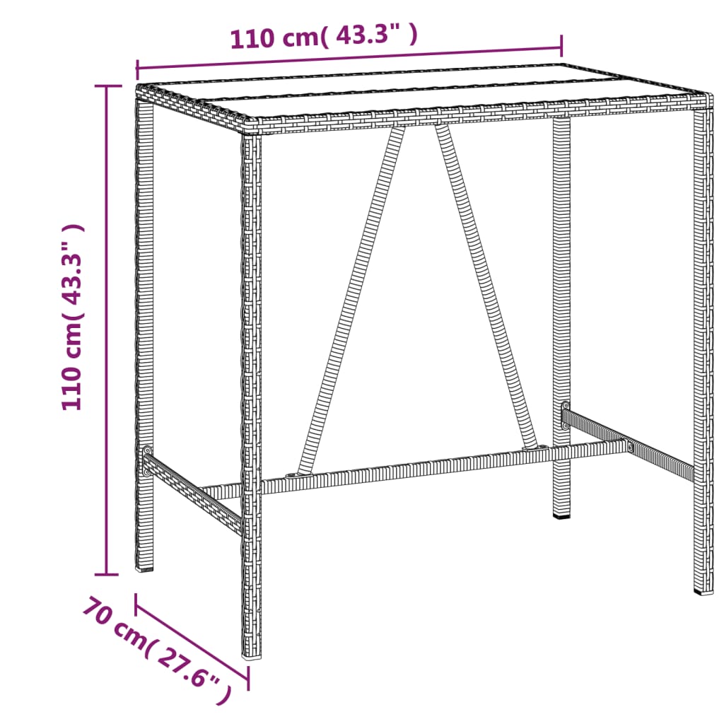vidaXL Τραπέζι Μπαρ με Γυάλ. Επιφάνεια Γκρι 110x70x110 εκ. Συνθ. Ρατάν