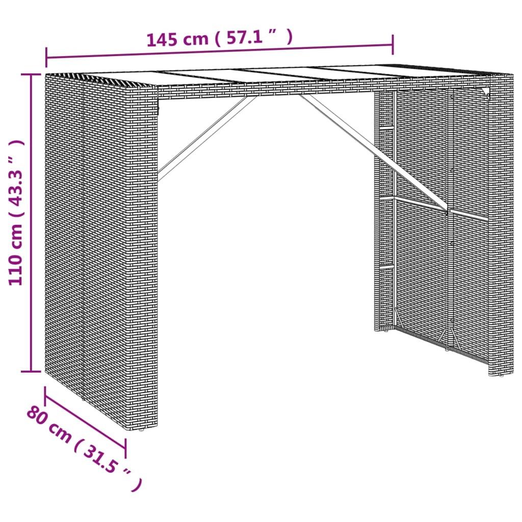 vidaXL Τραπέζι Μπαρ με Γυάλ. Επιφάνεια Γκρι 145x80x110 εκ. Συνθ. Ρατάν
