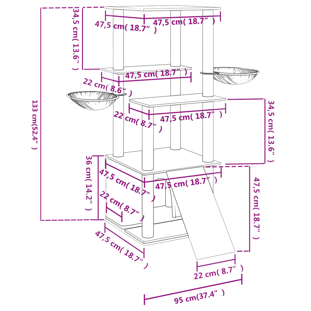 vidaXL Γατόδεντρο Aνοιχτό Γκρι 133 εκ. με Στύλους Ξυσίματος από Σιζάλ