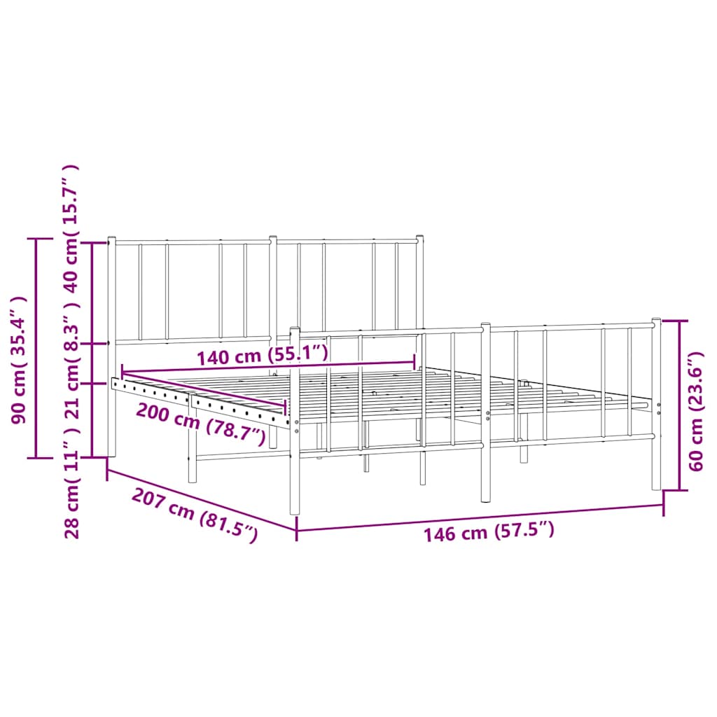 vidaXL Πλαίσιο Κρεβατιού με Κεφαλάρι&Ποδαρικό Μαύρο 140x200εκ. Μέταλλο