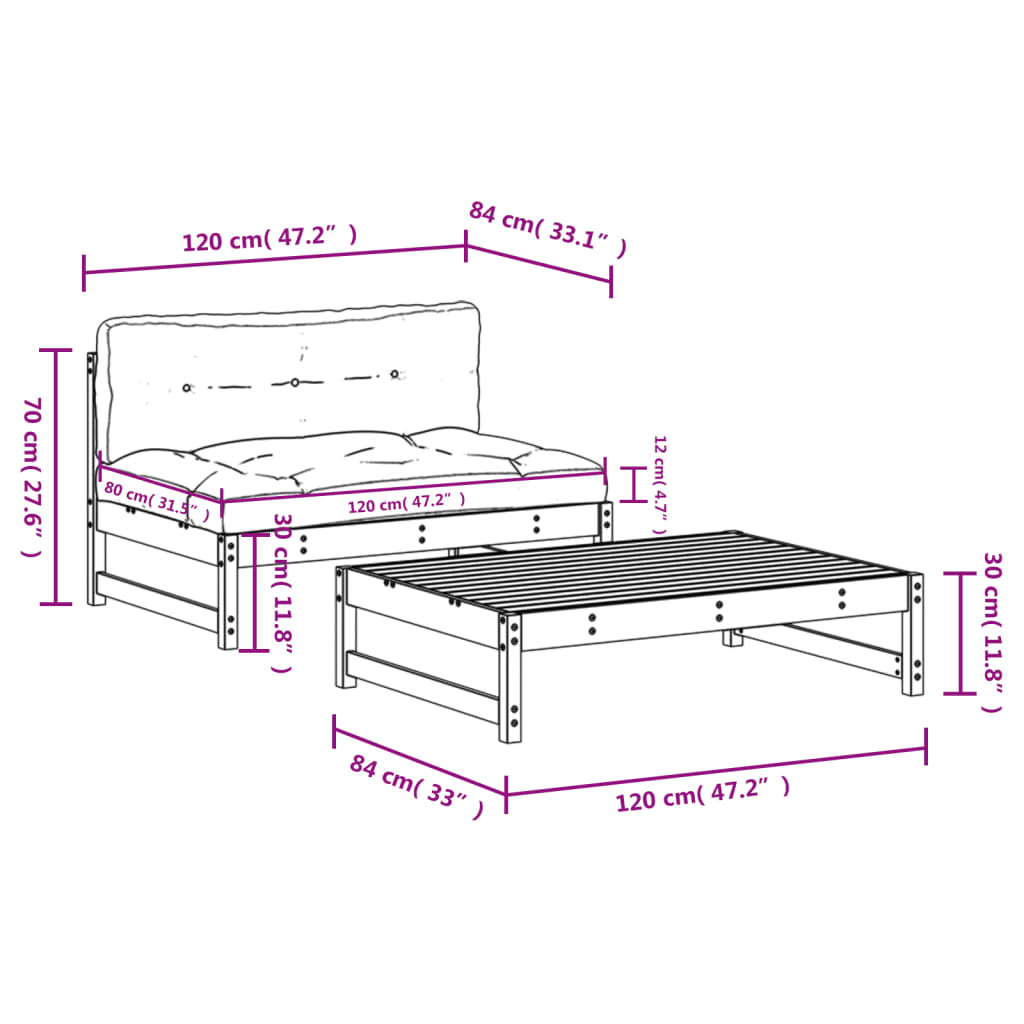 vidaXL Σαλόνι Κήπου Σετ 2 Τεμαχίων με Μαξιλάρια από Μασίφ Ξύλο