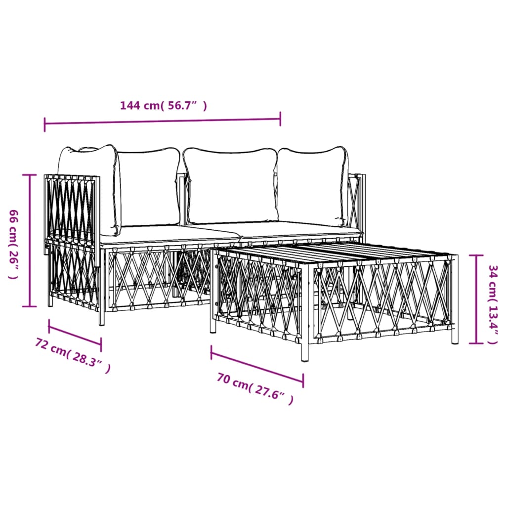 vidaXL Σαλόνι Κήπου Σετ 3 τεμ. Λευκό από Ατσάλι με Μαξιλάρια