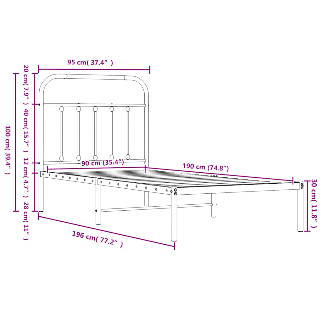 vidaXL Πλαίσιο Κρεβατιού με Κεφαλάρι Μαύρο 90 x 190 εκ. Μεταλλικό