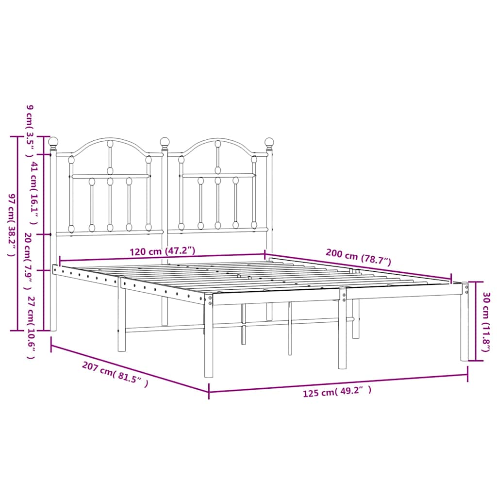 vidaXL Πλαίσιο Κρεβατιού με Κεφαλάρι Μαύρο 120 x 200 εκ. Μεταλλικό