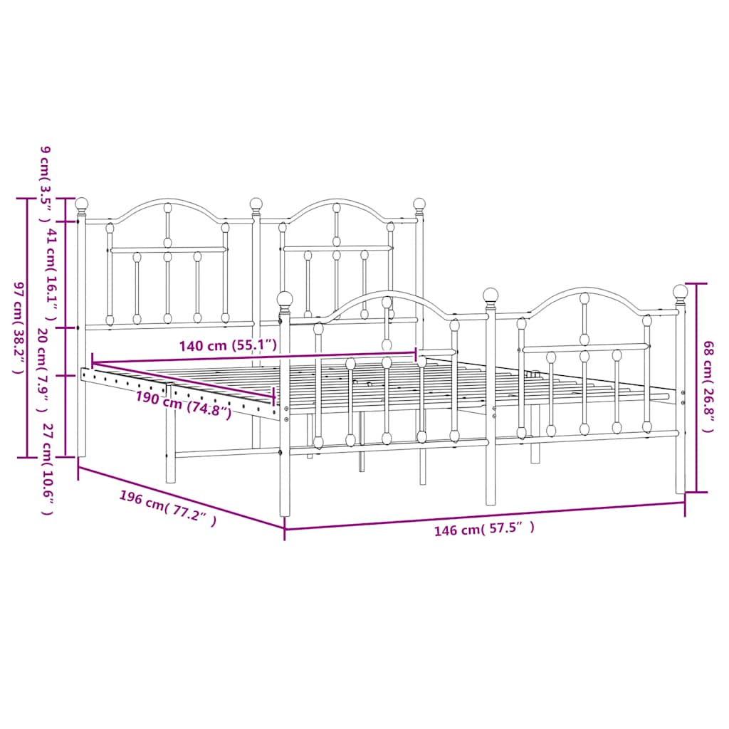 vidaXL Πλαίσιο Κρεβατιού με Κεφαλάρι&Ποδαρικό Μαύρο 140x190εκ. Μέταλλο