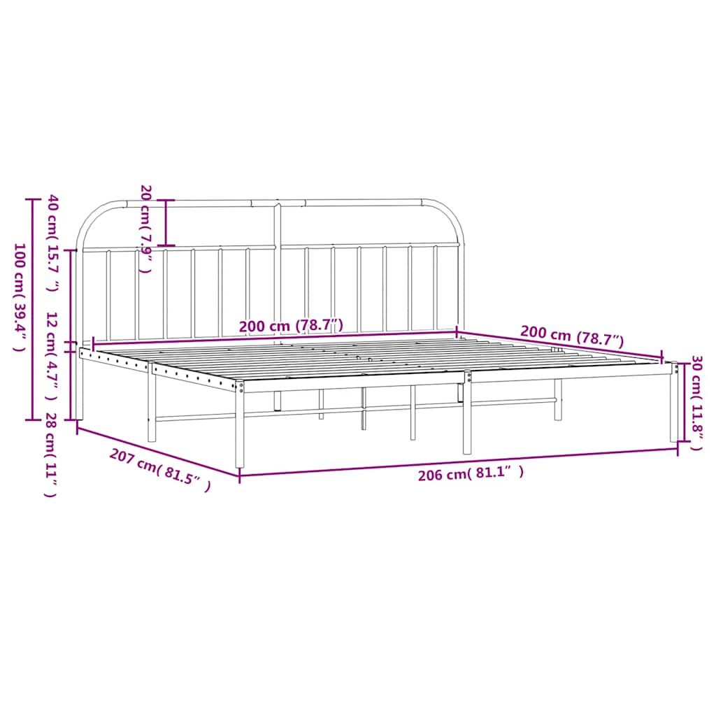 vidaXL Πλαίσιο Κρεβατιού με Κεφαλάρι Μαύρο 200 x 200 εκ. Μεταλλικό
