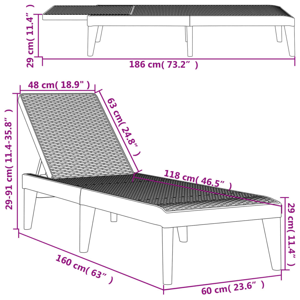 vidaXL Ξαπλώστρα Γκρι 186 x 60 x 29 από Πολυπροπυλένιο