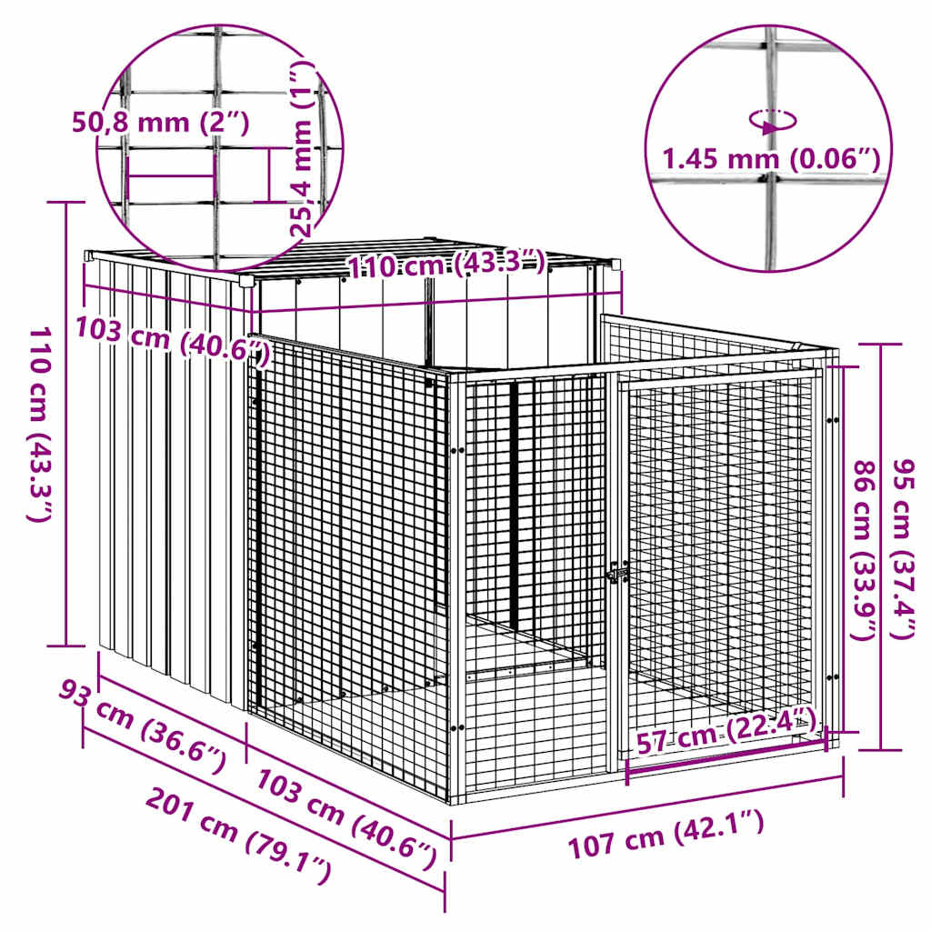 vidaXL Σπιτάκι Σκύλου με Τρέξιμο Ανοιχτό Γκρι 110x201x110 εκ. από Γαλβανισμένο Ατσάλι