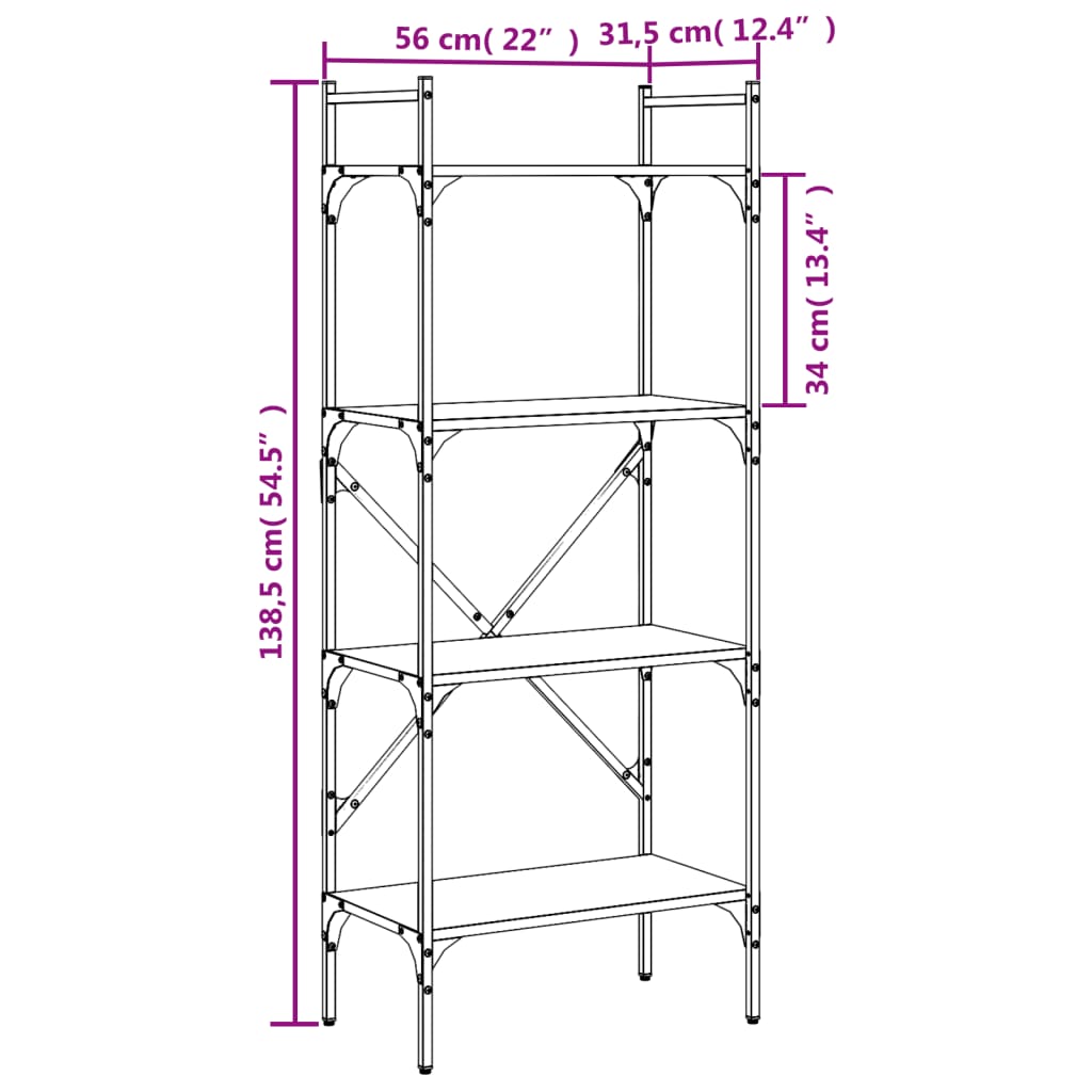 vidaXL Βιβλιοθήκη 4 Επιπέδων Μαύρη 56x31,5x138,5 εκ. Επεξεργ. Ξύλο