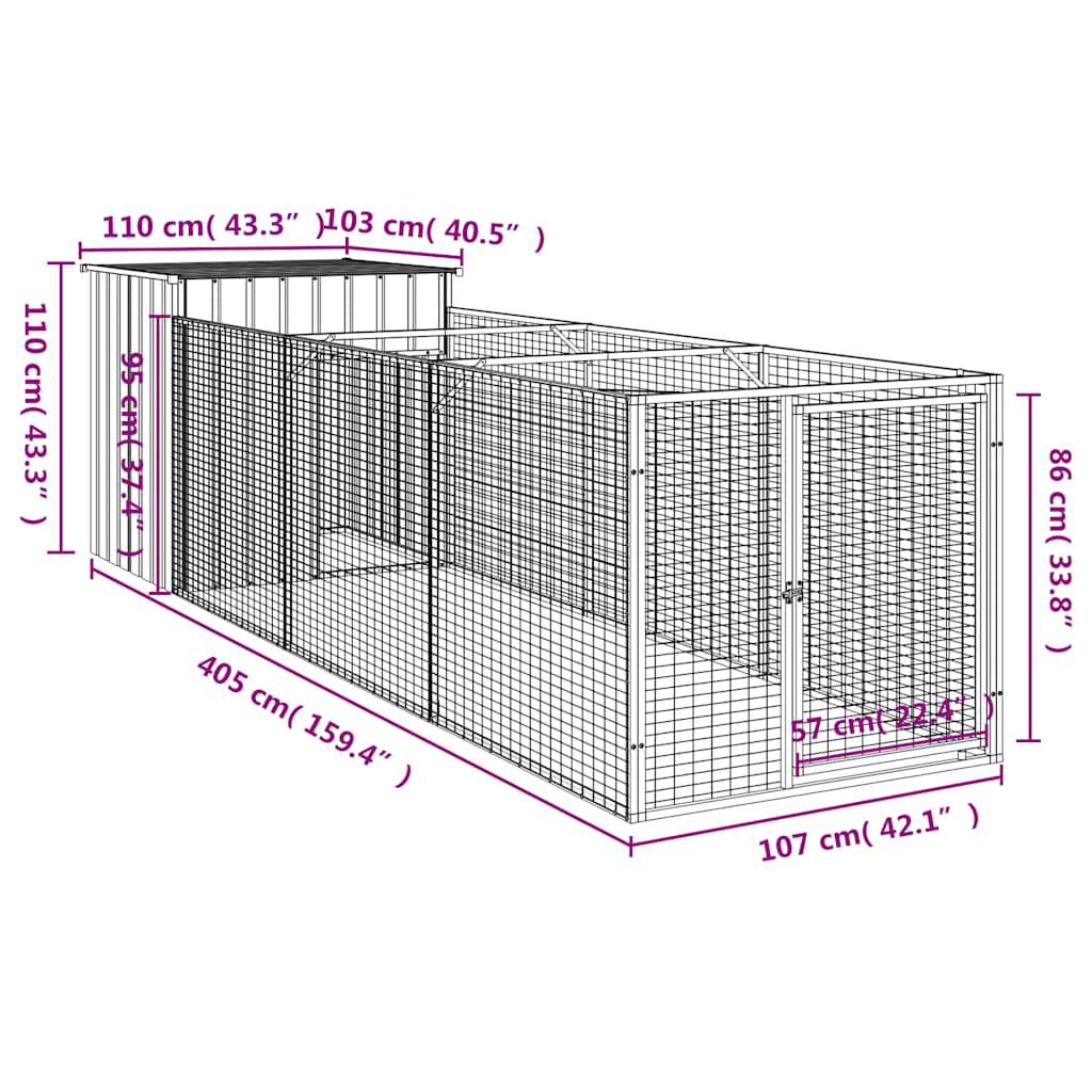 vidaXL Σπιτάκι Σκύλου με Αυλή Ανθρακί 110x405x110 εκ. Γαλβαν. Χάλυβας