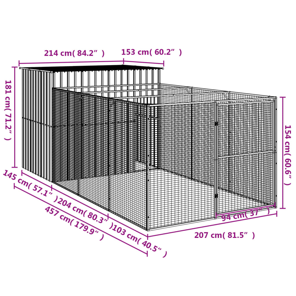 vidaXL Σπιτάκι Σκύλου με Αυλή Αν. Γκρι 214x457x181 εκ. Γαλβαν. Χάλυβας
