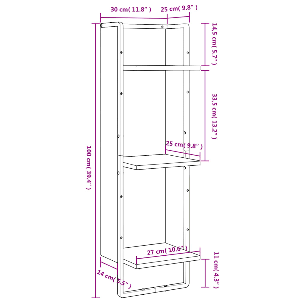 vidaXL Ραφιέρα Τοίχου με 3 Ράφια Καπνιστή Δρυς 30x25x100 εκ.