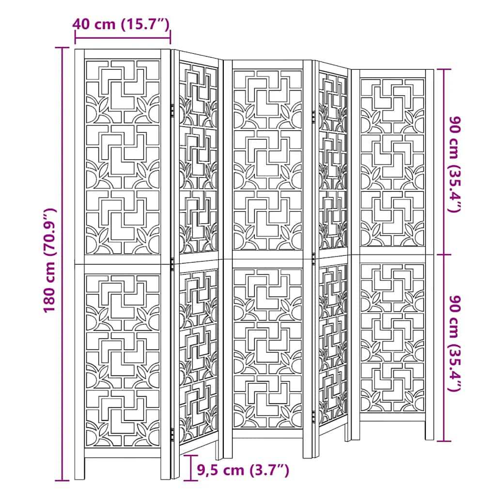 vidaXL Διαχωριστικό Χώρου με 5 Πάνελ Καφέ από Μασίφ Ξύλο Παυλώνιας