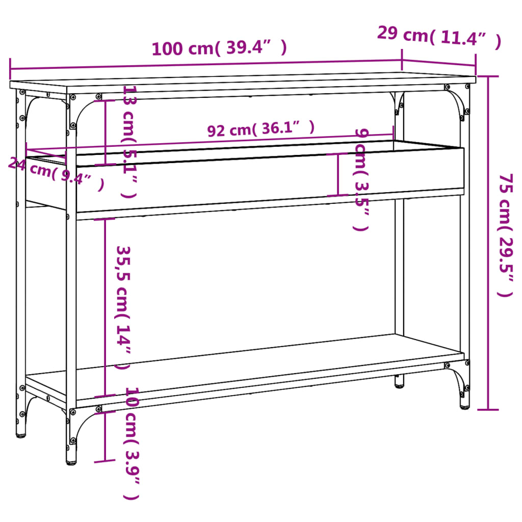 vidaXL Τραπέζι Κονσόλα με Ράφι Καπνιστή Δρυς 100x29x75 εκ. Επεξ. Ξύλο