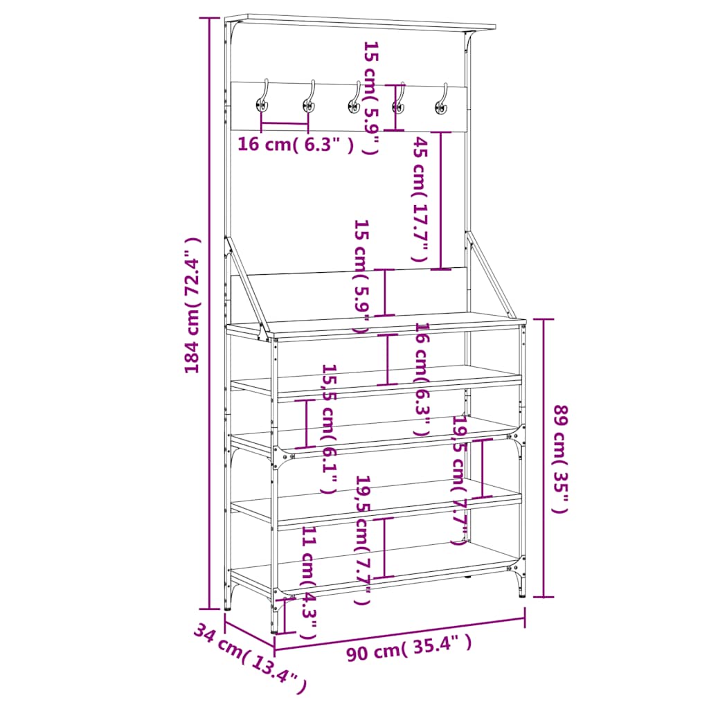 vidaXL Κρεμάστρα Ρούχων με Παπουτσοθήκη Γκρι Sonoma 90x34x184 εκ.