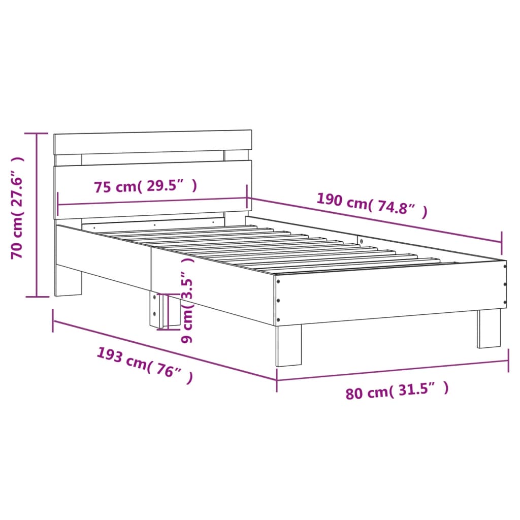 vidaXL Πλαίσιο Κρεβατιού με Κεφαλάρι Μαύρο 75x190 εκ. Επεξ. Ξύλο