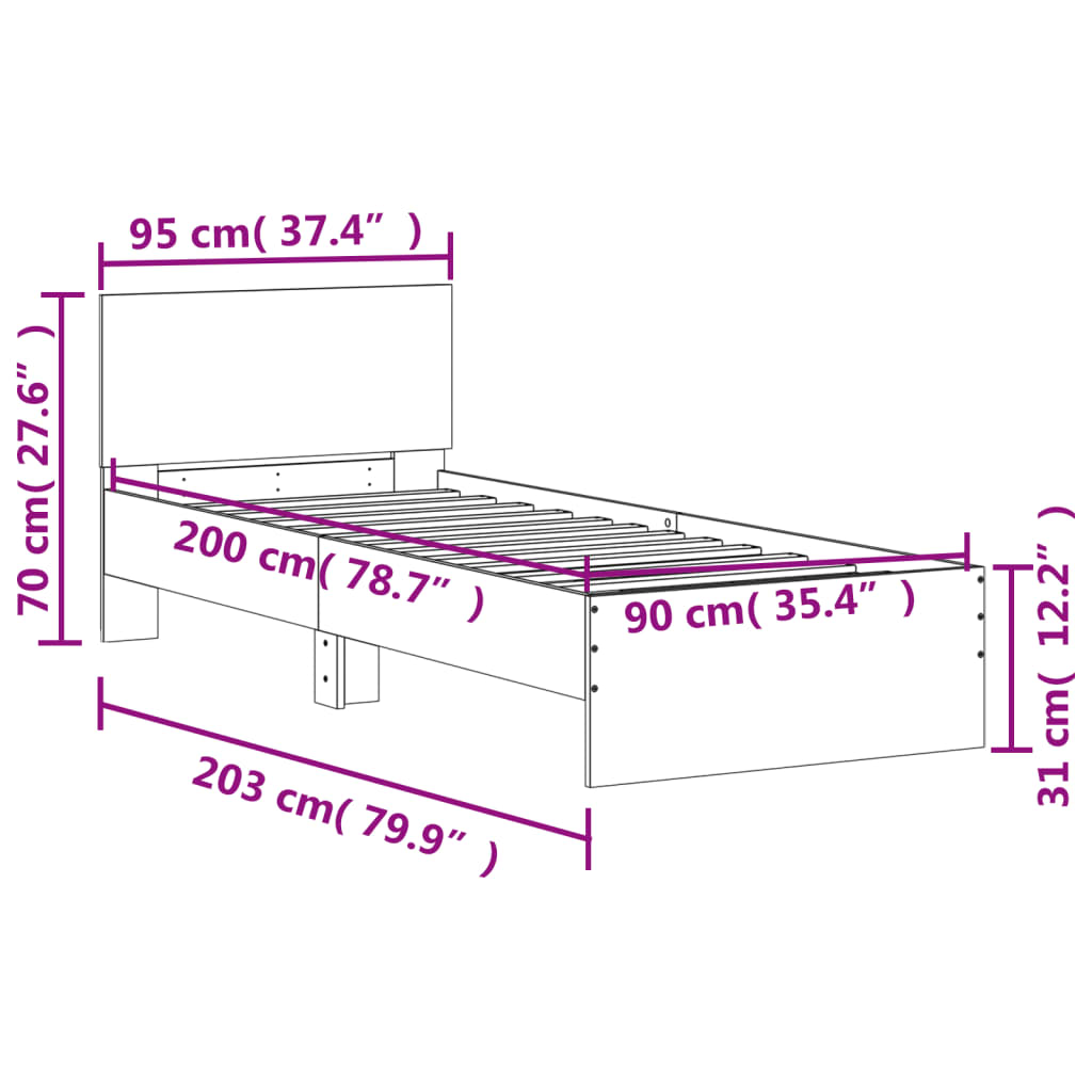 vidaXL Πλαίσιο Κρεβατιού με Κεφαλάρι Γκρι Sonoma 90x200 εκ. Επεξ. Ξύλο