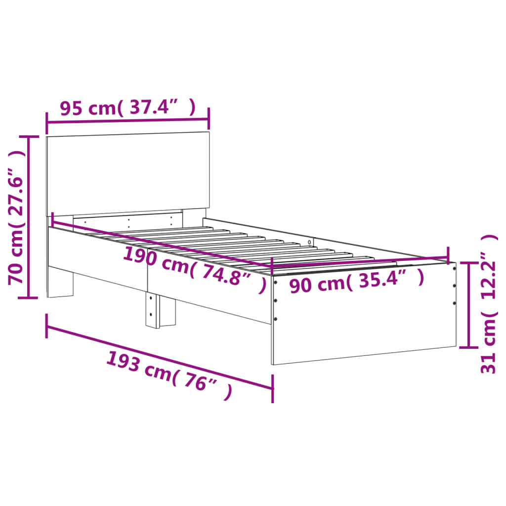 vidaXL Πλαίσιο Κρεβατιού με Κεφαλάρι Λευκό 90x190 εκ. Επεξεργ. Ξύλο