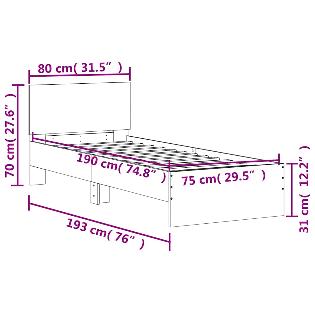 vidaXL Πλαίσιο Κρεβατιού με Κεφαλάρι Μαύρο 75x190 εκ. Επεξ. Ξύλο