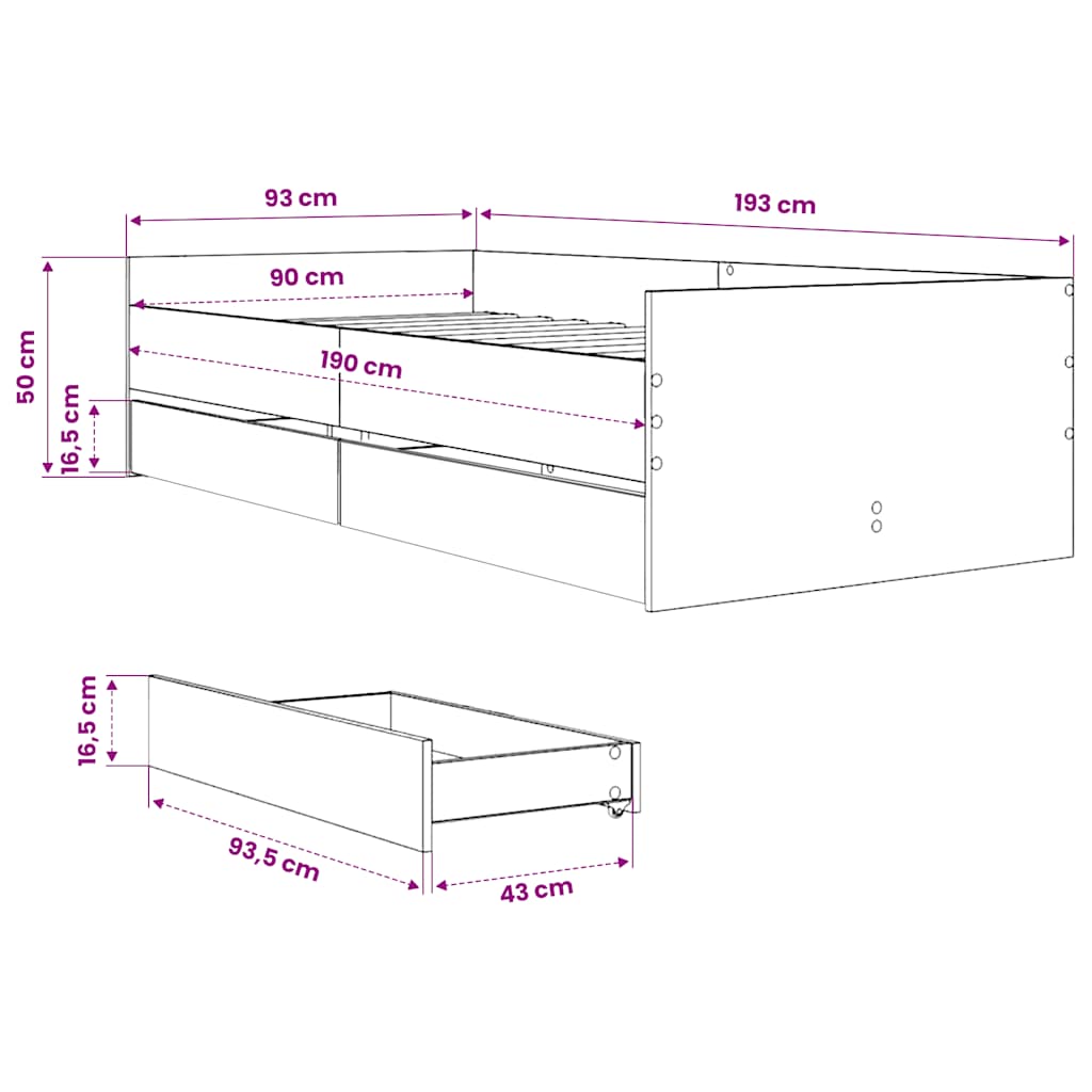 vidaXL Πλαίσιο Κρεβατιού με Συρτάρια Καφέ Δρυς 90 x 190 εκ.