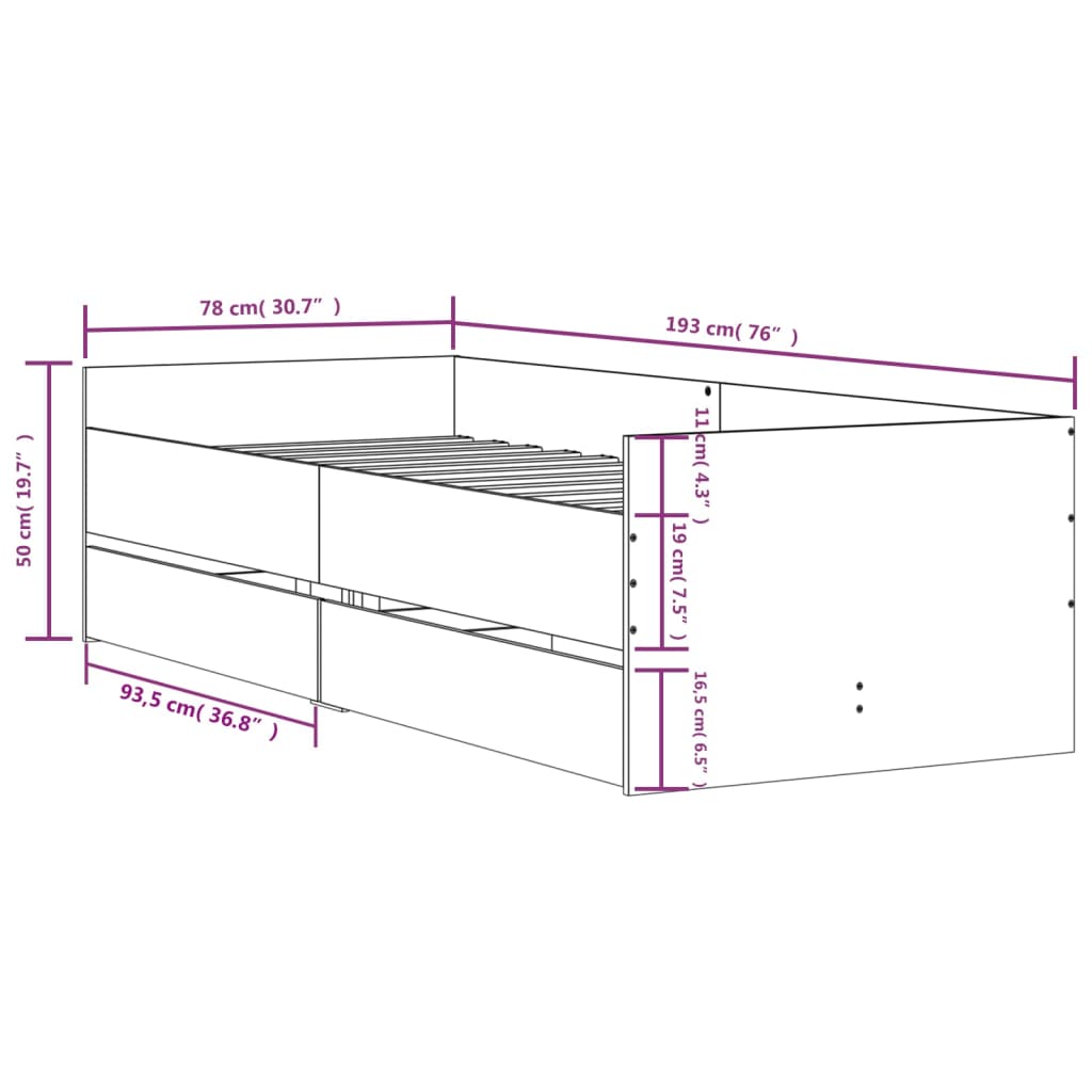 vidaXL Πλαίσιο Κρεβατιού Με Συρτάρια Καφέ Δρυς 75x190 εκ Small Single