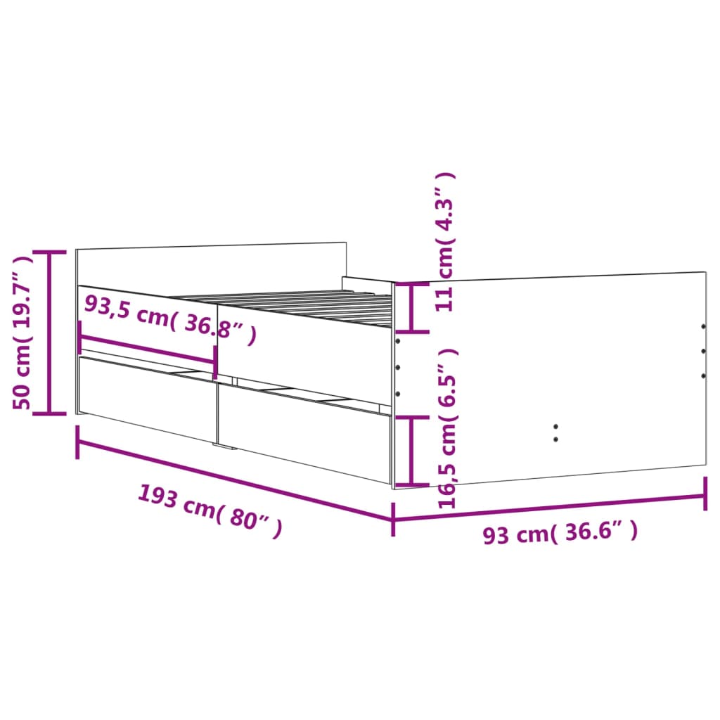 vidaXL Πλαίσιο Κρεβατιού με Συρτάρια Καφέ Δρυς 90 x 190 εκ.