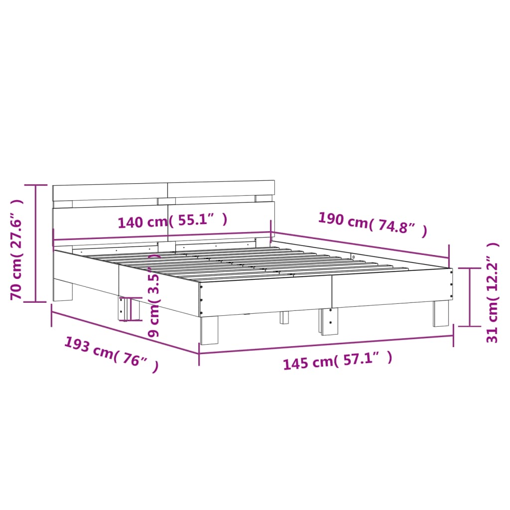 vidaXL Πλαίσιο Κρεβατιού με Κεφαλάρι Sonoma Δρυς 140x190εκ. Επεξ. Ξύλο